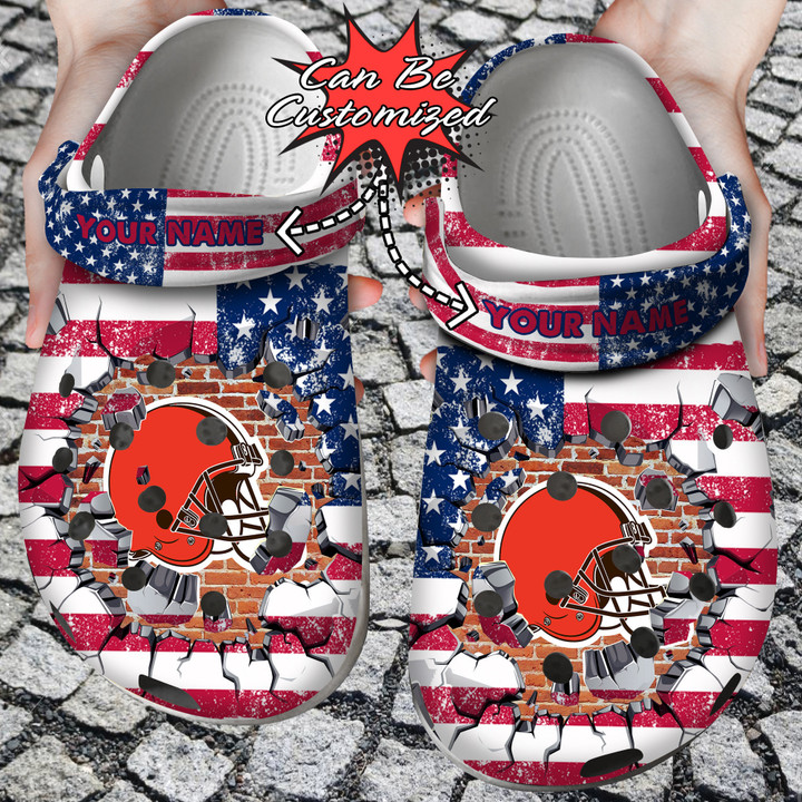 Football Crocs Personalized CBrowns American Flag Breaking Wall Clog Shoes