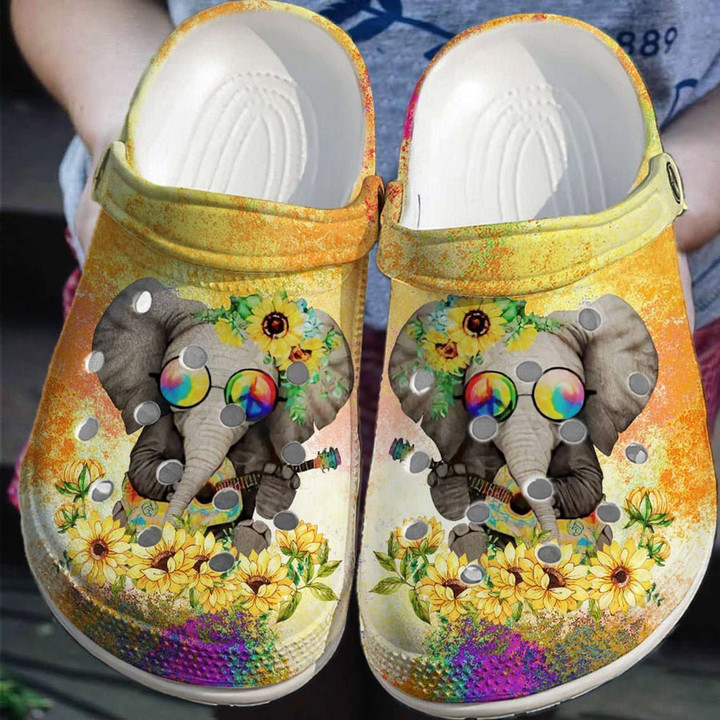 Elephant With Sunflower Hippie Rubber Crocs Clog Shoes Comfy Footwear