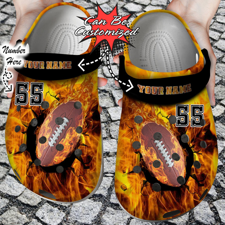 Personalized Fire Football Crack Ball Overlays Crocs Clog Shoes Sport Crocs