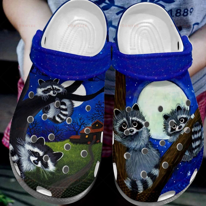 Raccoon Play With The Moon Gift For Lover Rubber Crocs Clog Shoes Comfy Footwear