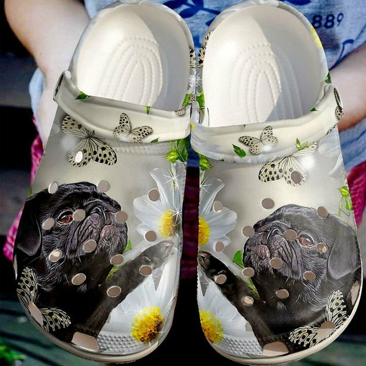 Pug Daisy Butterfly102 Gift For Lover Rubber Crocs Clog Shoes Comfy Footwear