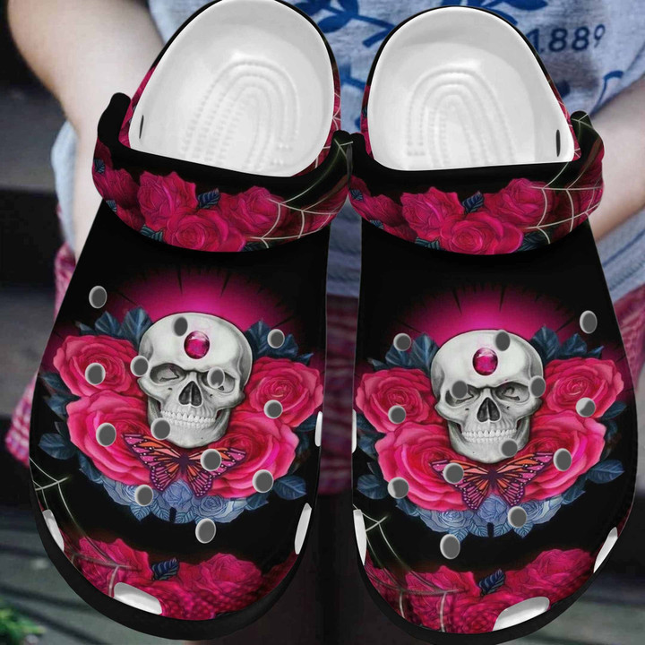 Roses Skullcap Butterfly Cool Gift For Lover Rubber Crocs Clog Shoes Comfy Footwear