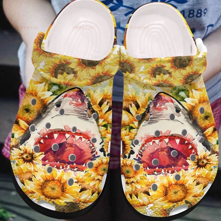 Shark Watercolor Sunflower Gift For Lover Rubber Crocs Clog Shoes Comfy Footwear