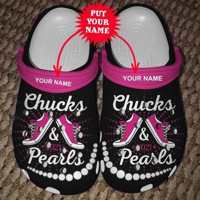 Custom Name Chucks And Pearls Rubber Crocs Clog Shoes Comfy Footwear