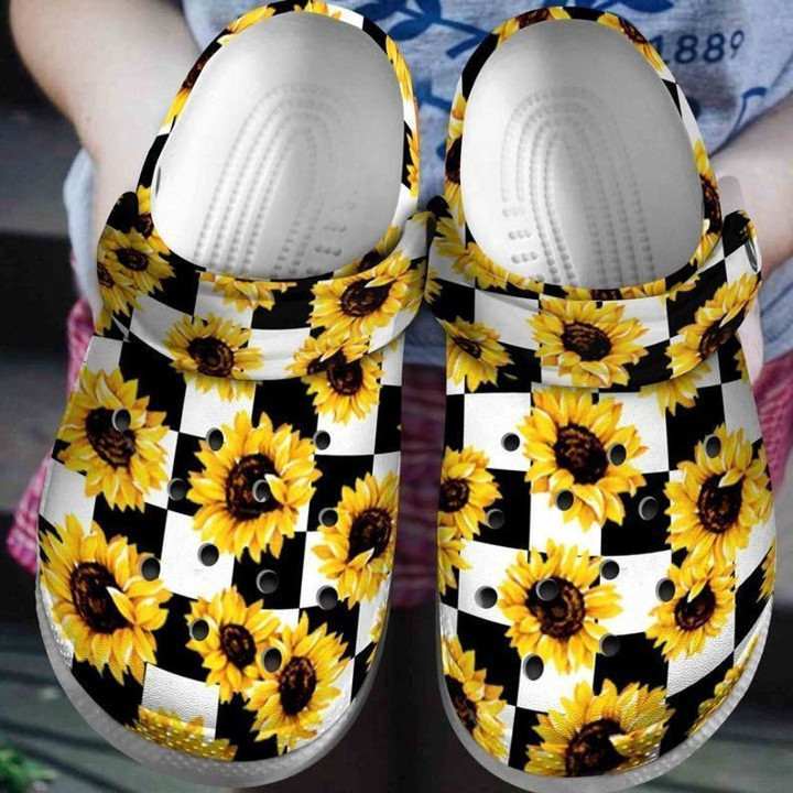 Sunflower White And Black Rubber Crocs Clog Shoes Comfy Footwear