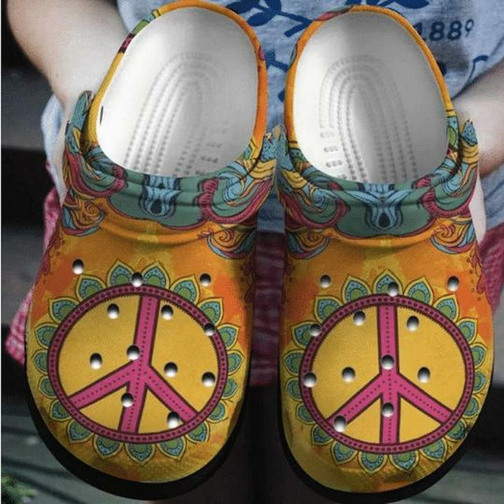 Hippie Peace Orange Theme Personalized Mandala Gift For Lover Rubber Crocs Clog Shoes Comfy Footwear