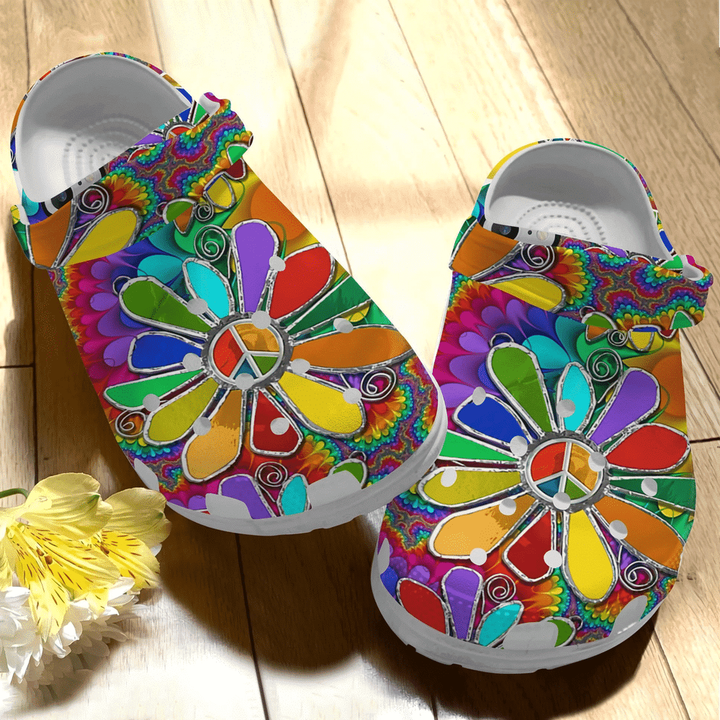 Hippie Flowery Colorful Gift For Lover Rubber Crocs Clog Shoes Comfy Footwear