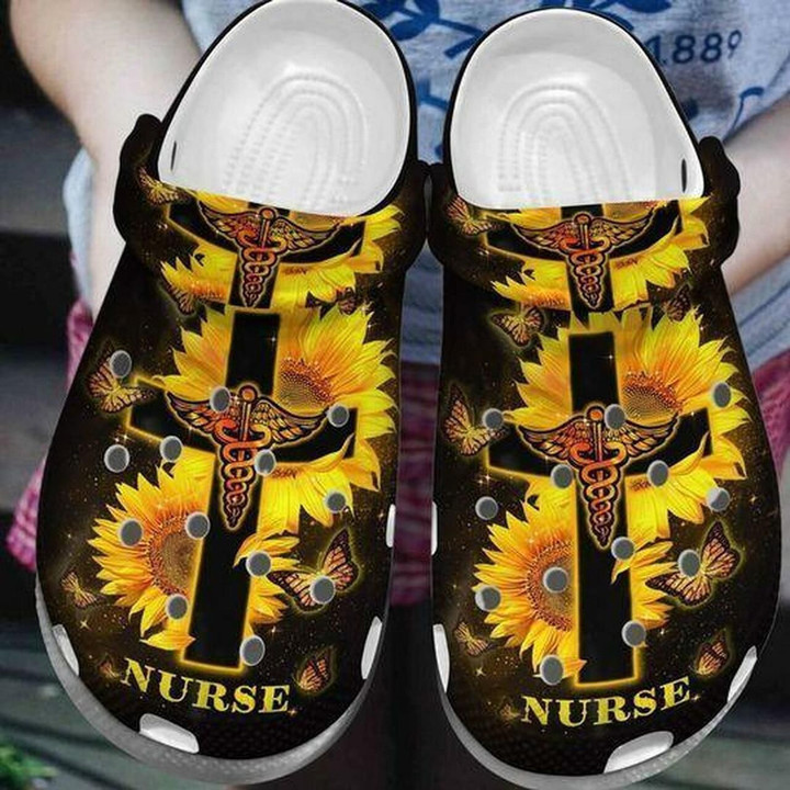 Nurse Icon Medical Sunflower Cross Personalized 10 Gift For Lover Rubber Crocs Clog Shoes Comfy Footwear
