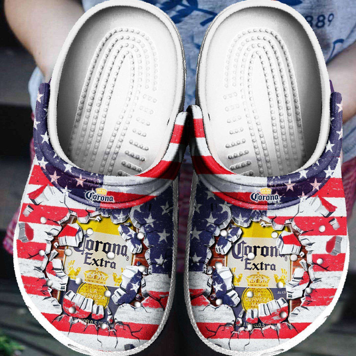 Drink Corona Extra American Flag Broken Brick Crocs Clog Shoes Comfy Footwear