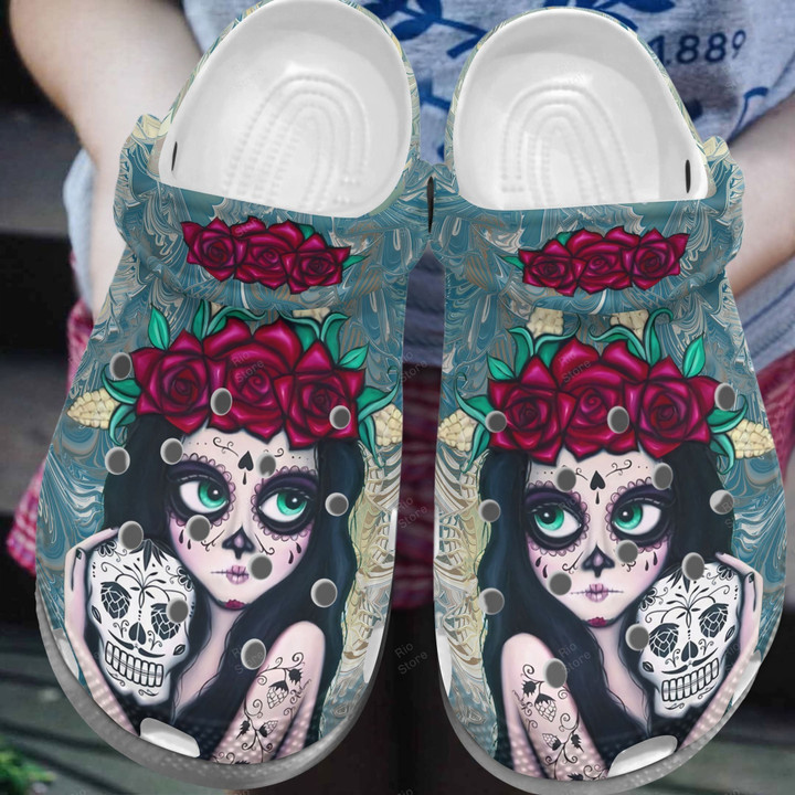 Beautiful Girl Flower Sugar Skull Mexican Crocs Shoes Clog Gifts For Women Girl Daughter