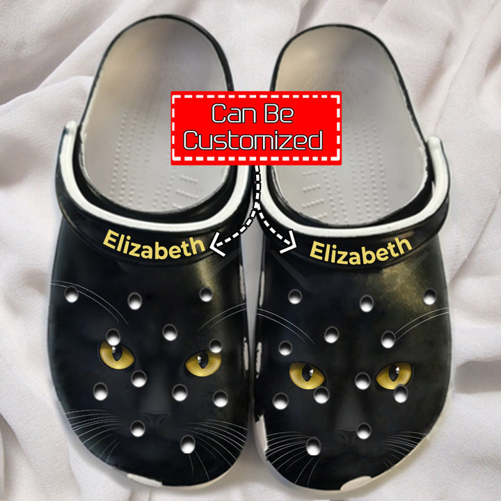 Cat Crocs - Black Cat Face Print Personalized Clogs Shoes With Your Name For Men And Women