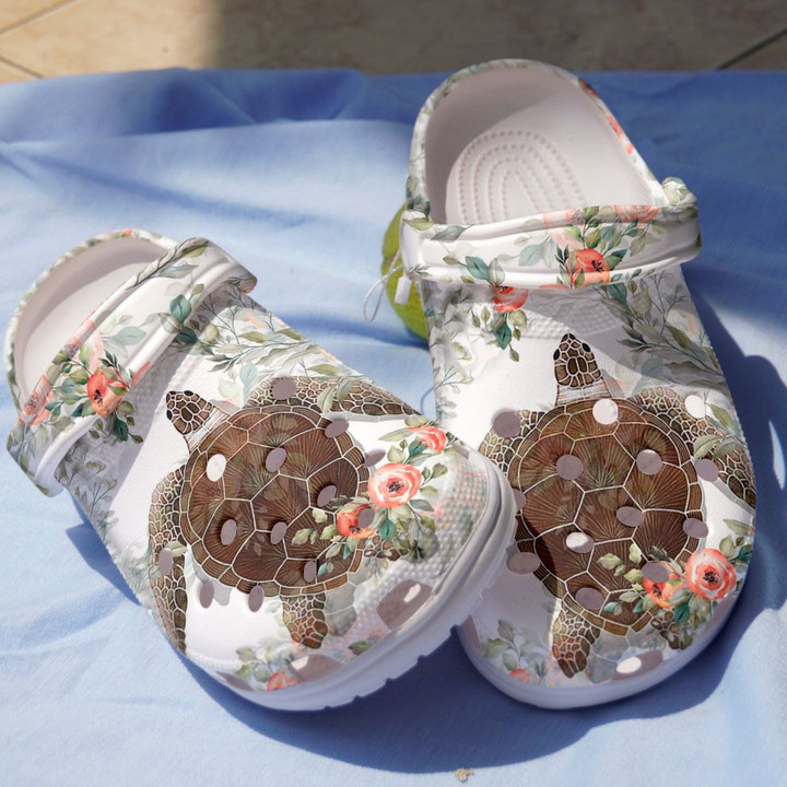 Charming Sea Turtle With Flowers Shoes Crocs - Sea Turtle In The Ocean Shoes Clog For Women Men