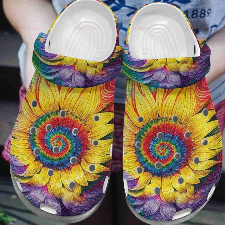 Hippie Sunflower Tie Dye Gift For Lover Rubber Crocs Clog Shoes Comfy Footwear