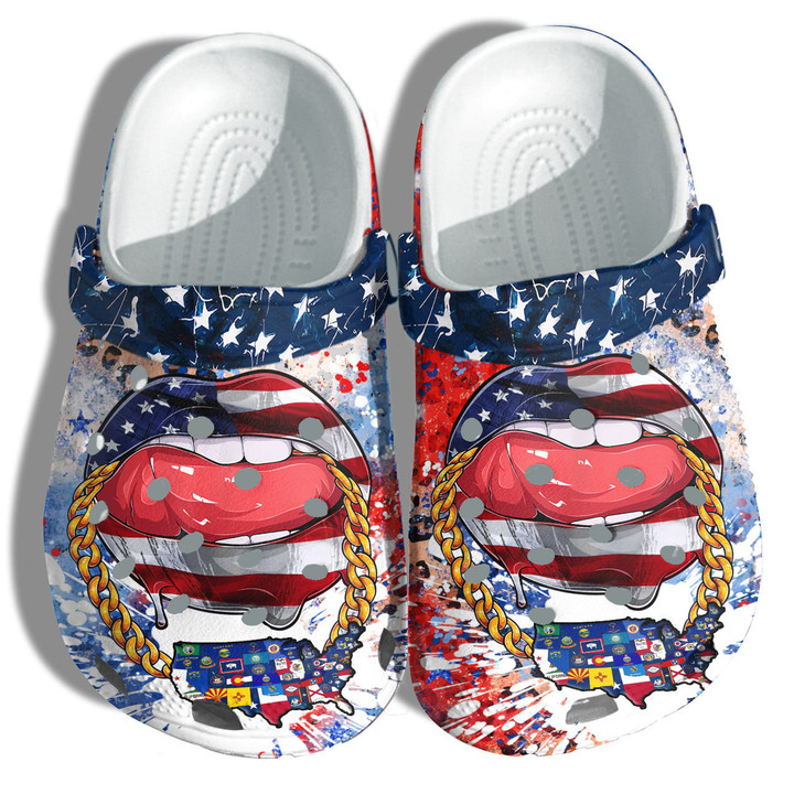 Sexy Lips Tongue Chains States Signs 4Th Of July Shoes Gift Women - Usa All States Logo America Flag Shoes Birthday Gift