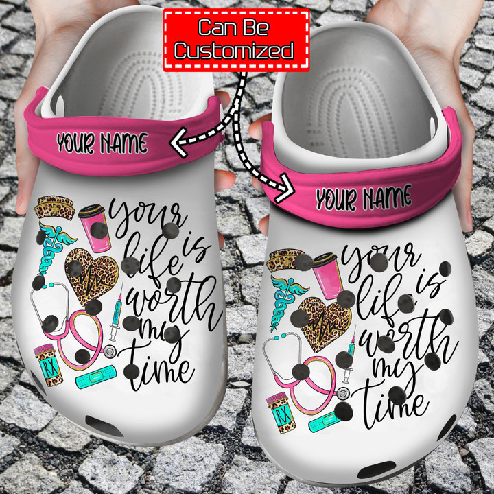 Nurse Crocs - Personalized Your Life Is Worth My Time Nurse Leopard Clog Shoes For Men And Women