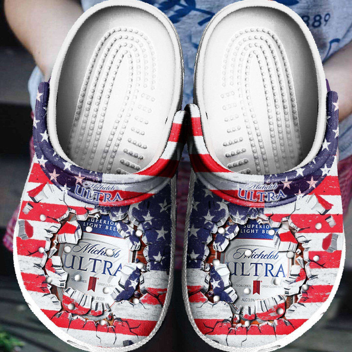 Michelob Ultra American Flag Broken Brick Crocs Clog Shoes Comfy Footwear