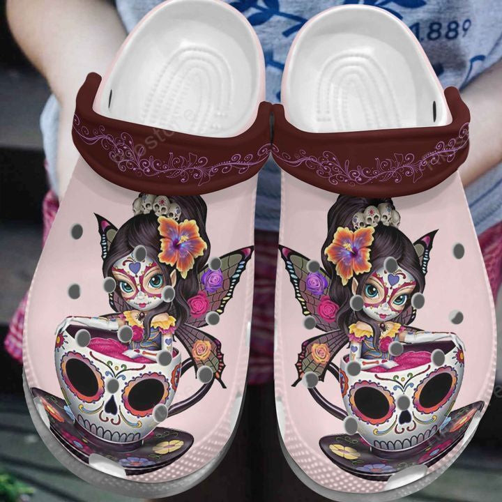Girl In Skull Cup Crocs Shoes - Butterfly Girl Shoes Crocbland Clog Gifts For Girl Daughter Sister