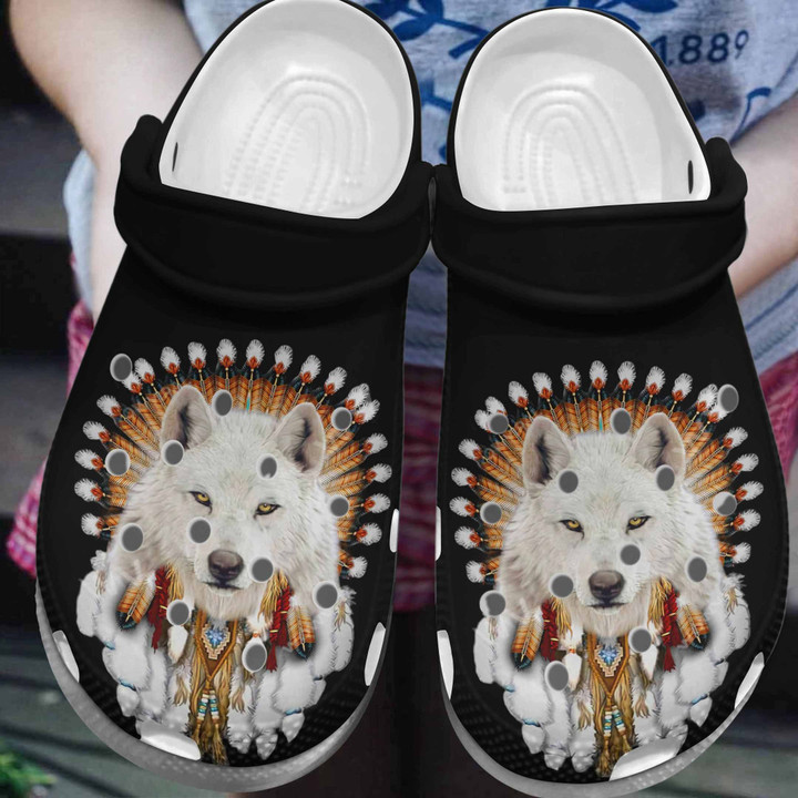 Native American Wolf Gift For Lover Rubber Crocs Clog Shoes Comfy Footwear