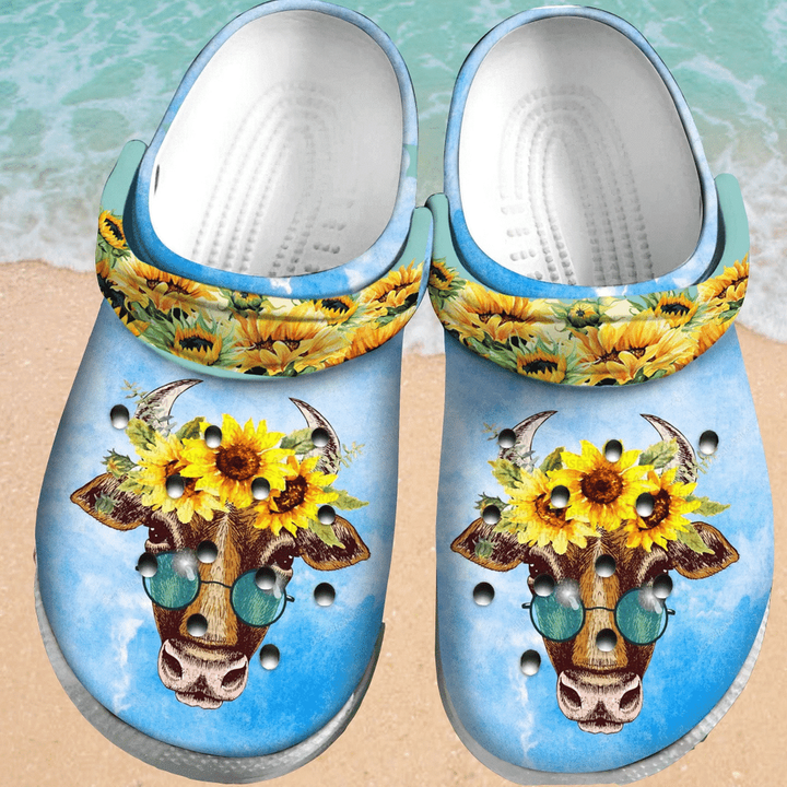 Cow Sunflower Rubber Crocs Clog Shoes Comfy Footwear