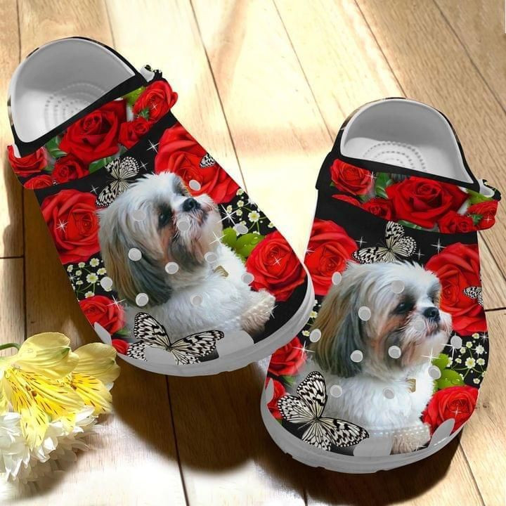 Shih Tzu Dog Roses Cute Gift For Lover Rubber Crocs Clog Shoes Comfy Footwear
