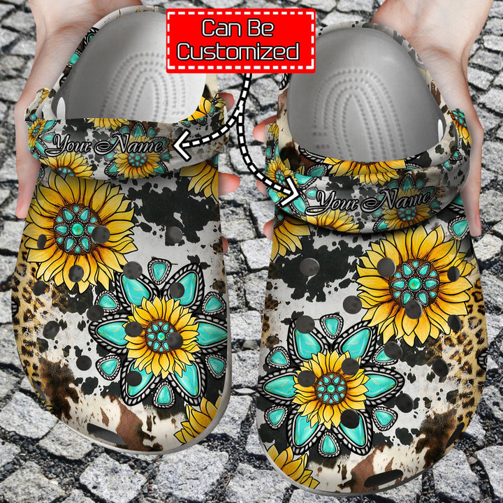Personalized Cowhide Gemstone Sunflower Crocs Clog Shoes Sunflower Print Crocs