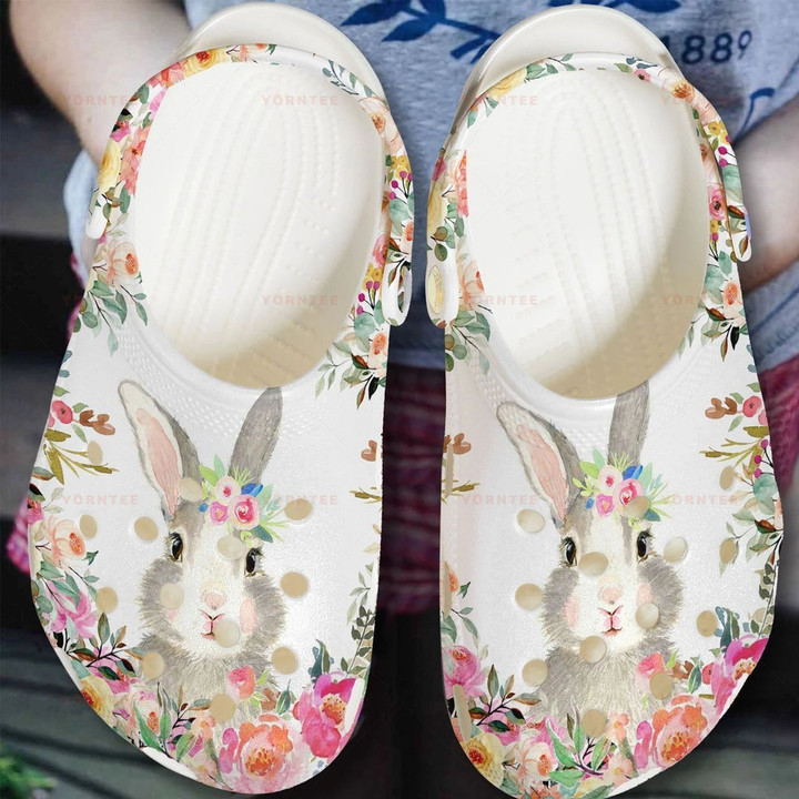 Rabbit With Flowers Gift For Lover Rubber Crocs Clog Shoes Comfy Footwear