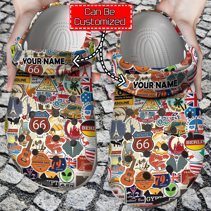 World Travel Crocs - Personalized World Travel Maps Airplane Air And Famous Buildings Signs Stickers Clog Shoes For Men And Women