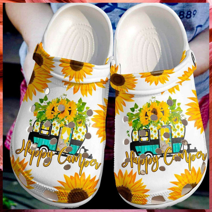 Happy Camper Sunflower Gift For Lover Rubber Crocs Clog Shoes Comfy Footwear