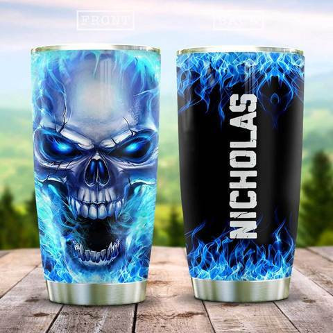 Skull Blue Fire Personalized Kd2 Stainless Steel Tumbler, Personalized Tumblers, Tumbler Cups, Custom Tumblers