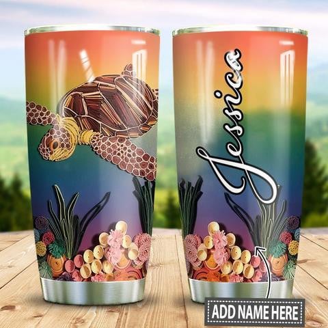 Personalized Ocean Turtle Paper Craft Style Stainless Steel Tumbler, Personalized Tumblers, Tumbler Cups, Custom Tumblers