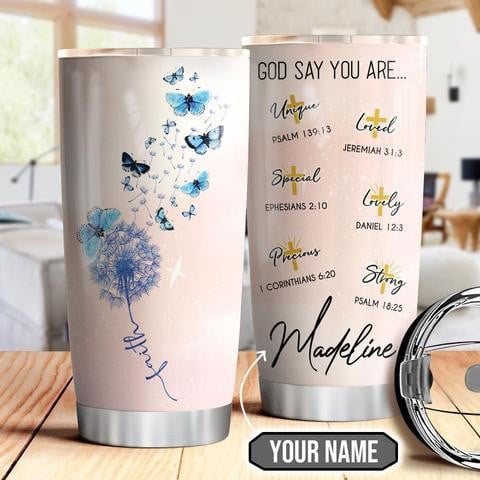 Butterfly Faith Dandelion Personalized Stainless Steel Tumbler, Personalized Tumblers, Tumbler Cups, Custom Tumblers