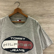 Vintage 90s Tommy Hilfiger Jeans Spell Out Flag T Shirt Gray Size Medium