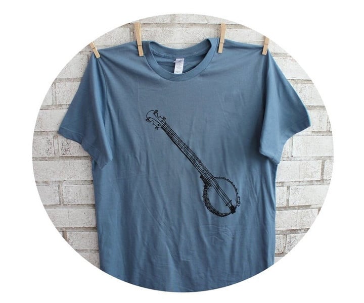 Banjo Cotton T ShirtMens Tshirt Stormy Blue Cotton Crewneck Music Musician
