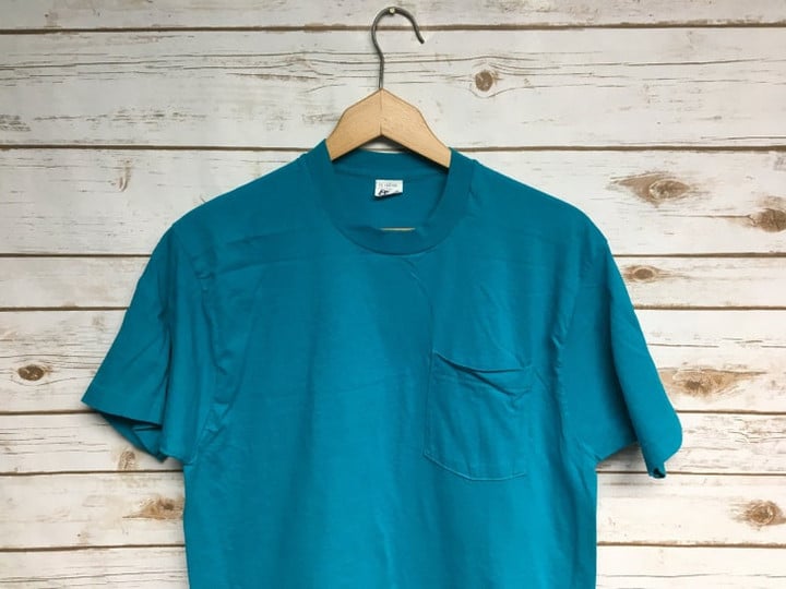 Vtg 70s 80s Teal Pocket T tshirt Undershirt Made in USA BVD teal blue pocket tee soft and thin plain blank t shirt   LargeLong Medium