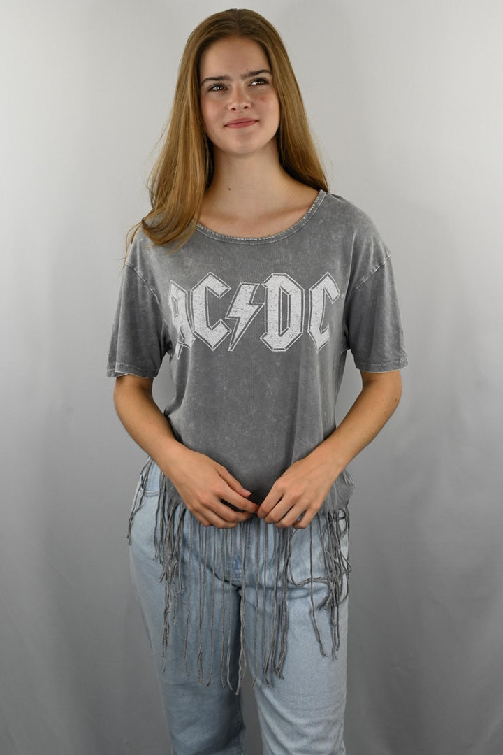 ACDC Acid Wash Fringe Cotton T Shirt Size L