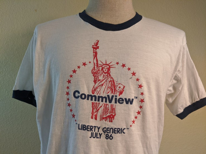 Vintage 80s Commview Liberty Generic July New York city Statue Of Liberty 1986 ringer T Shirt Size L Large