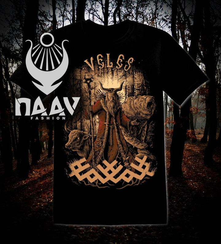 VELES Slavic God mens T Shirt colored black Pagan Horned Gods Rodnovery Forest Bear Slav Czech Russian Polish Serbian Mythology Fashion