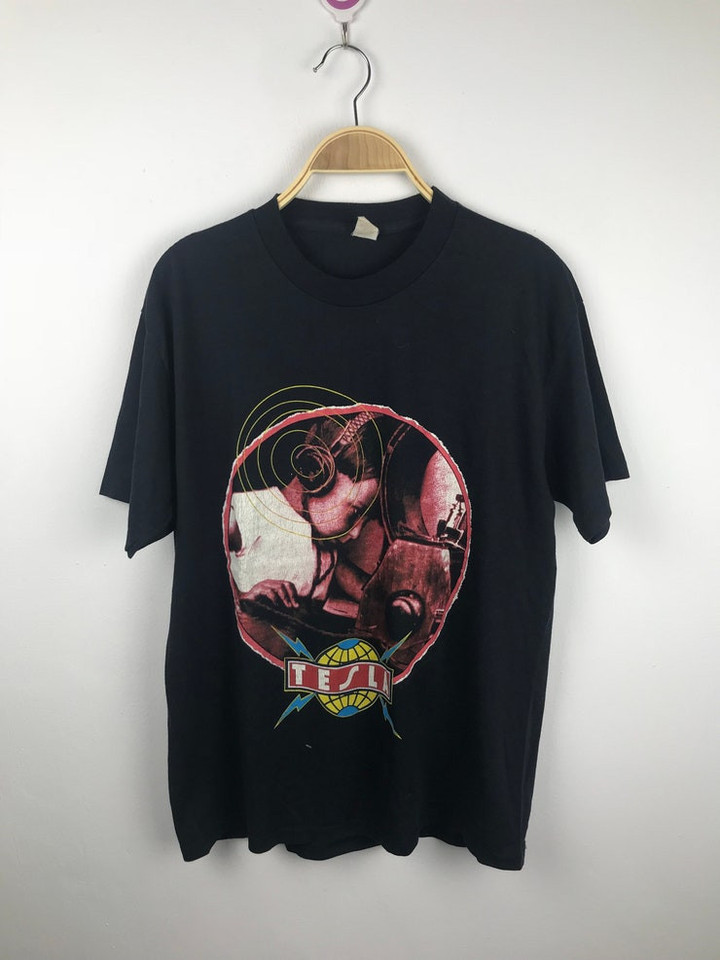 vintage tesla world tour 1989 shirt large size made in usa