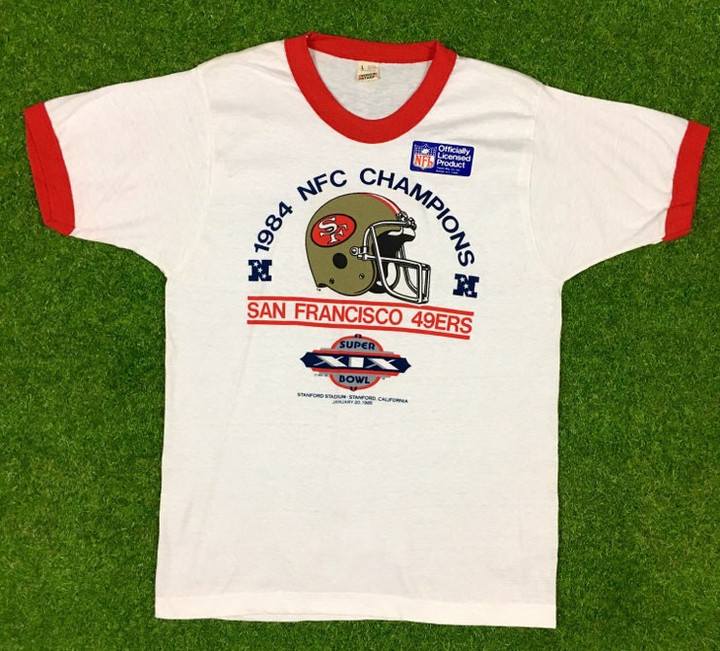Vintage San Francisco Forty Niners Super Bowl XIX 1984 NFL Football Deadstock Trench Tee Shirt Ringer 80s 49ers Rare 1980s Golden Gate NEW