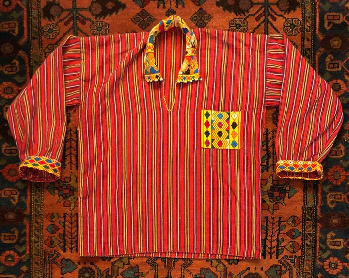 Vintage Mens Embroidered Hippie Mexican Folk Striped Pullover Pocket Shirt