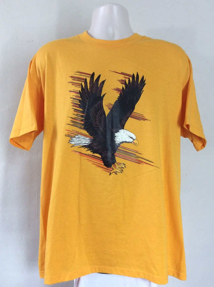 Vtg 90s Bald Eagle T Shirt Gold Yellow LXL 5050 Bird Animal Wildlife Nature