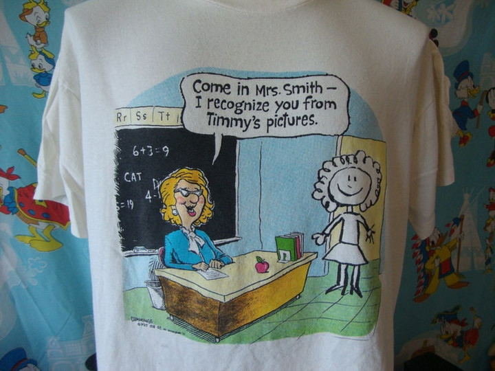 Vintage 90s Cummings Comic Come In Mrs Smith I Recognize You From Timmys Pictures Stick Figure Funny Teacher School T Shirt L
