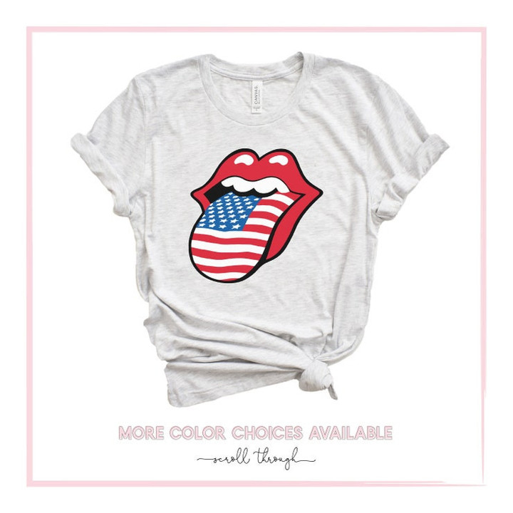 American Flag Tongue and Lips Fourth of July Shirt Red White Blue 4th of July Stones Tongue Freedom Merica Shirt VintageBand TeeUNISEX
