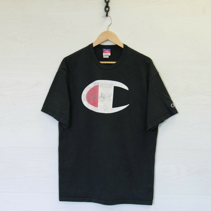 Vintage Champion Spell Out T Shirt Black Size Large