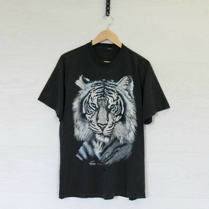 Vintage 90s White Tiger Zooper Distressed T Shirt Black Size Large