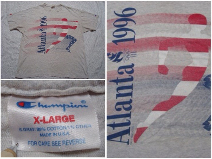 Vintage Atlanta Olympics Tee Shirt Champion 1996 Grey Flag Runner 90s Mens XL Made in USA