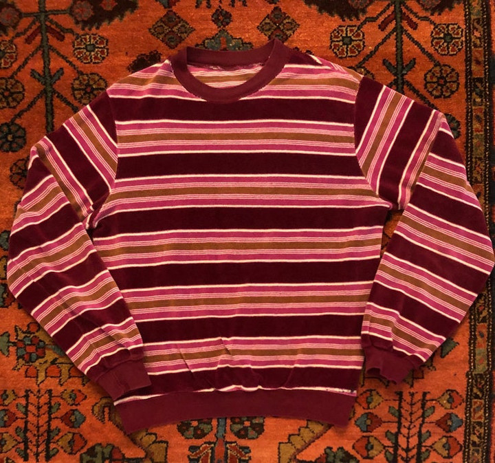 Vintage 1970s Unisex Maroon  Pink Striped Velour Crewneck Pullover Shirt
