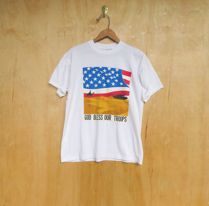 Vintage 90s God Bless Our Troops T shirt White Medium