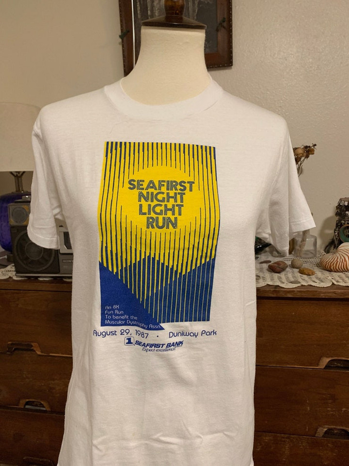 Vintage 80s Sea First Night Light Run t shirt size M Medium S Small Vtg 1980s Cute Blue Gold Tee Shirt 87 1987