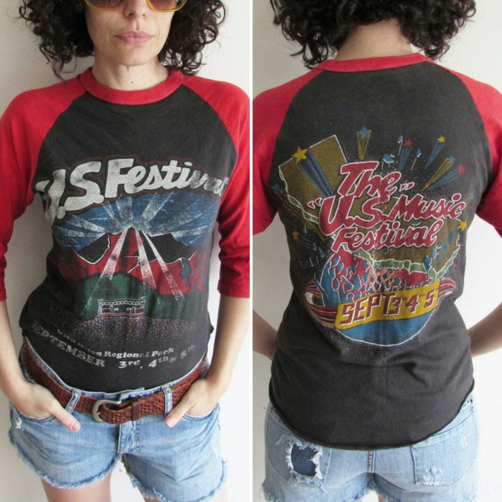 Vintage US Festival T Shirt 1980s Raglan Distressed Concert Music Festival California Rock and Roll Tee S M